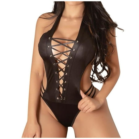

RQYYD Women s Bandage PU Leather Lingerie One Piece Babydoll Front Criss Cross Bodysuit Open Back Party Nightclub Outfits (Black XL)