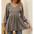 thumbnail image 2 of Temofon Womens Long Sleeve shirt Tunic Tops V-Neck shirt 2024 Casual Puff Pleated Flare Blouse T-Shirts with Smocked Cuffs fall clothes coffee, 2 of 5