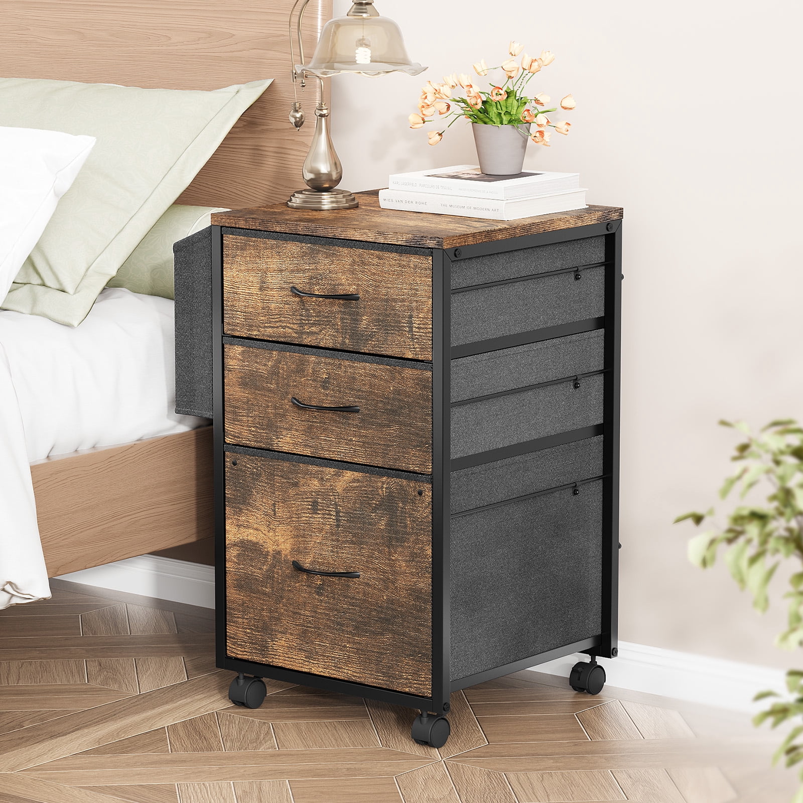 Ktaxon Rolling File Cabinet with Wheels Side Bag, Fabric Drawers Printer Stand for Home Office, Fits Letter Size, Brown