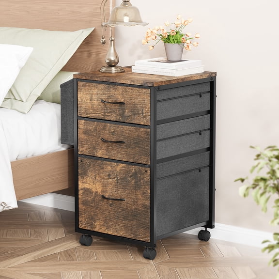 WDZS 3 Drawer File Cabinet with Side Bag, Rolling File Cabinet Mobile Under Desk File Cabinet with Wheels, Fabric Drawers Printer Stand for Home Office, Fits Letter Size,Rustic Brown