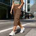 thumbnail image 4 of Womens Straight Leg Capri Cargo Pants High Waisted Button Closure Cropped Trousers with Pockets Casual Work Hiking Pants Brown, 4 of 7
