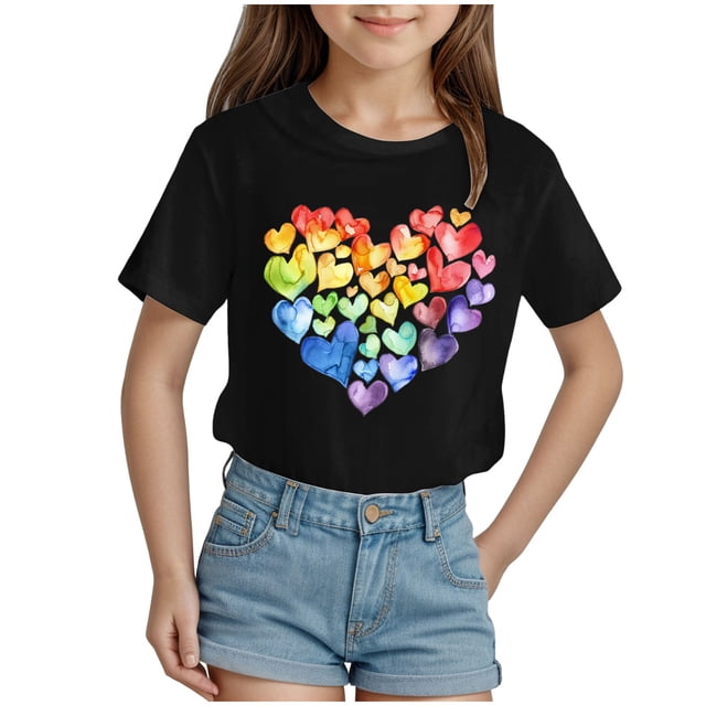 Nwiuh T-Shirts Graphiques Mignons avec Cœur pour Femmes, Manches Courtes, Col Ras du Cou, Coupe Régulière, Blouse, Adolescentes, Été, Décontracté, T-Shirt Basique, Hauts (Noir, 18-24 Mois)