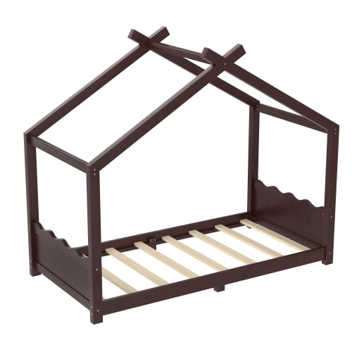 Twin Size House Floor Bed with Roof, Floor Bed with Slats Support, Low Profile House Bed with Headboard & Footboard, Twin Size Platform Bed, Espresso