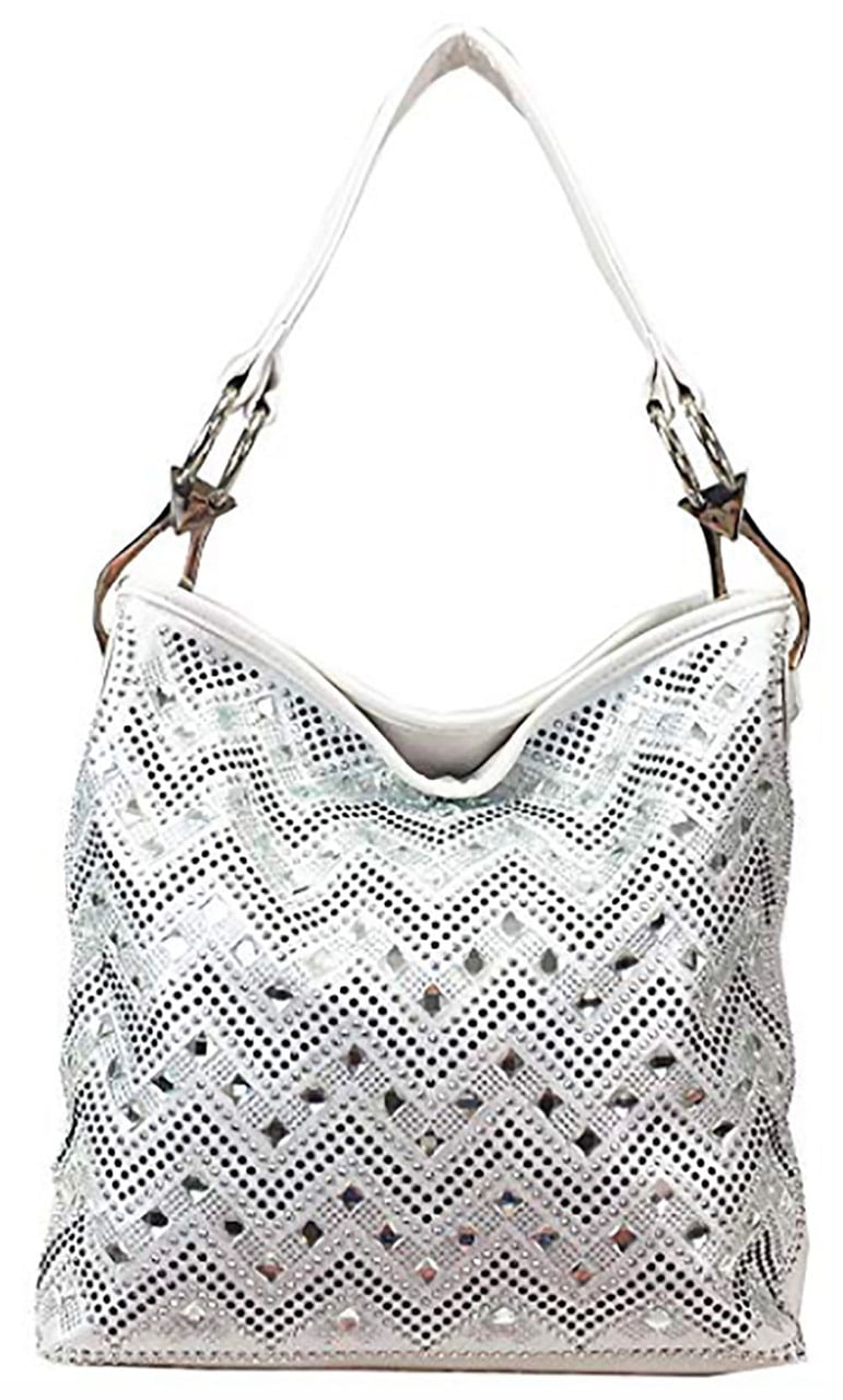 Zzfab Sparkle Gem Chevron Rhinestone Hobo Bag White