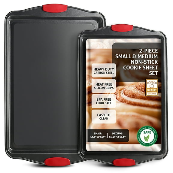 LammaLoe Baking Pans Carbon Steel, Non Stick Cookie Sheet Set with Silicone Handle, Baking Sheet, Small & Medium, Black