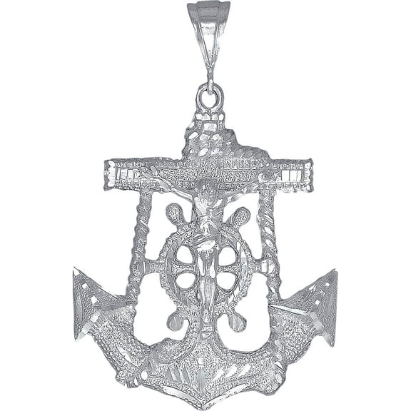 Large Heavy Sterling Silver Anchor Cross with Jesus Pendant Necklace 2.9 Inches 19 Grams Diamond Cut Finish with Figaro Chain