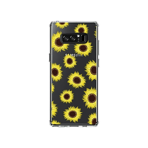 DistinctInk Clear Shockproof Hybrid Case for Samsung Galaxy Note 8 - TPU Bumper, Acrylic Back, Tempered Glass Screen Protector - Yellow Sunflowers