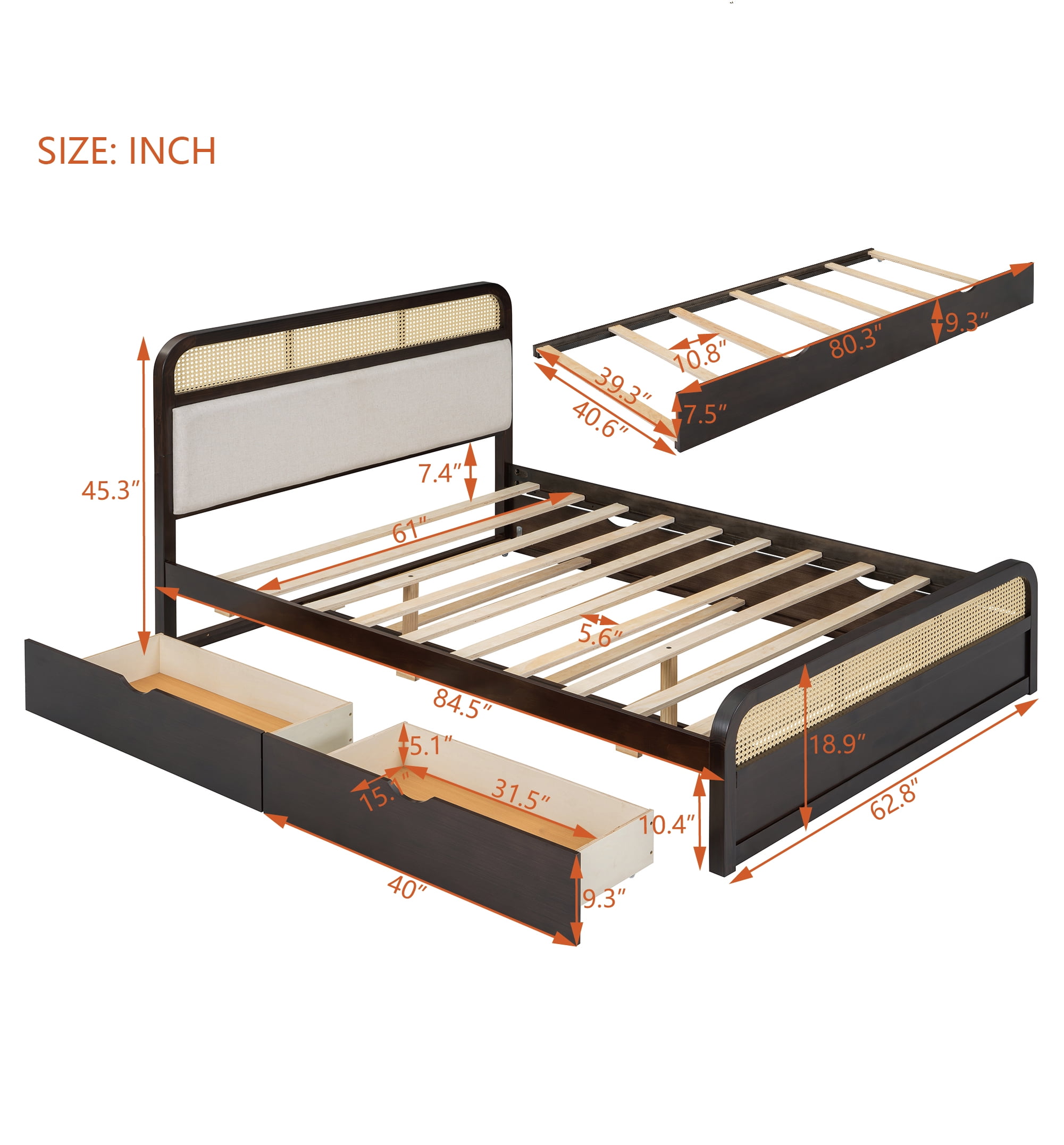 Harper & Bright Designs Queen Size Platform Bed Frame with Trundle and 2 Drawers, Wood Bed Frame with Padded Headboard, Espresso
