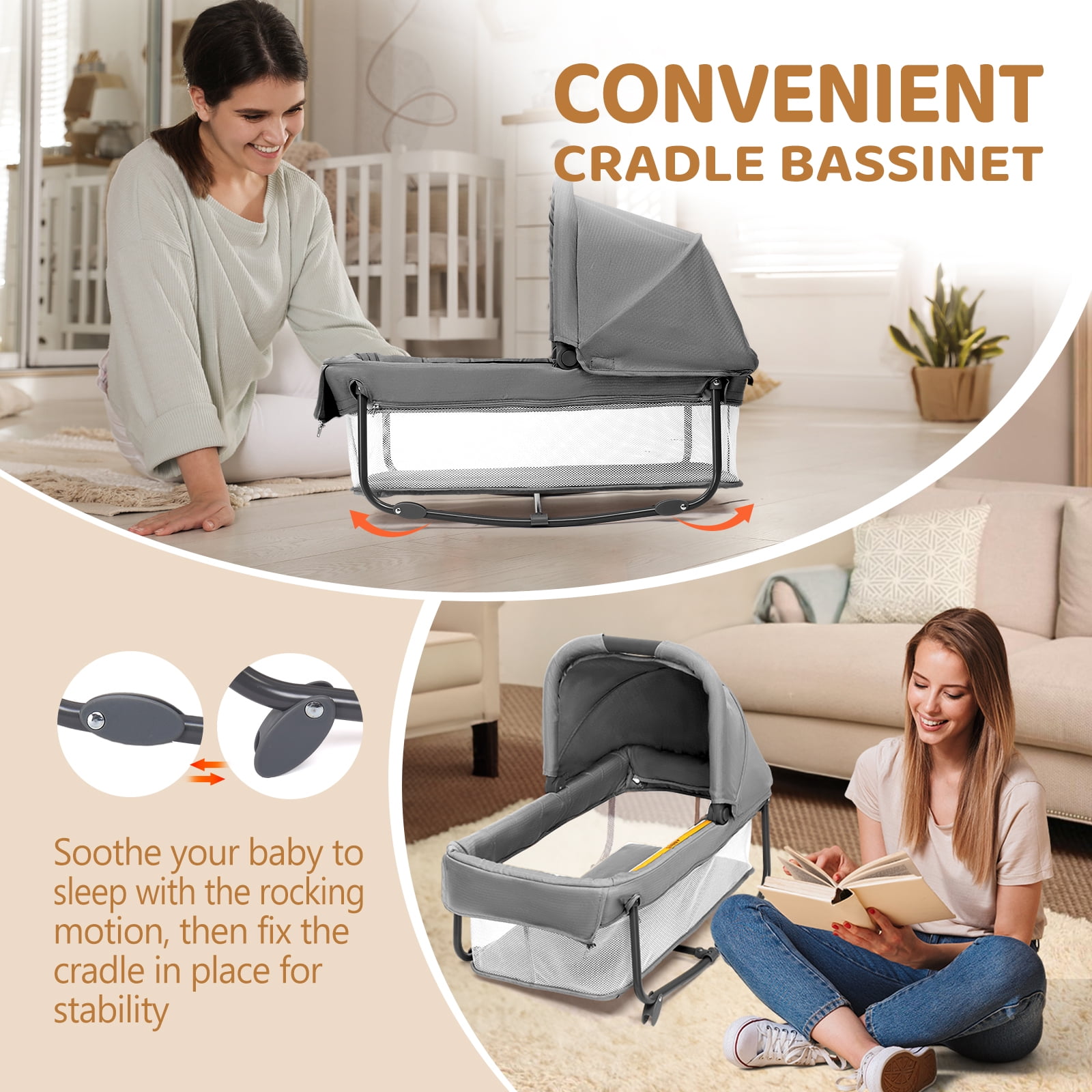 JOYMOR Twin Bassinet for Baby with Storage, Convertible to Crib Playpen, Unisex Infant Side Sleeper