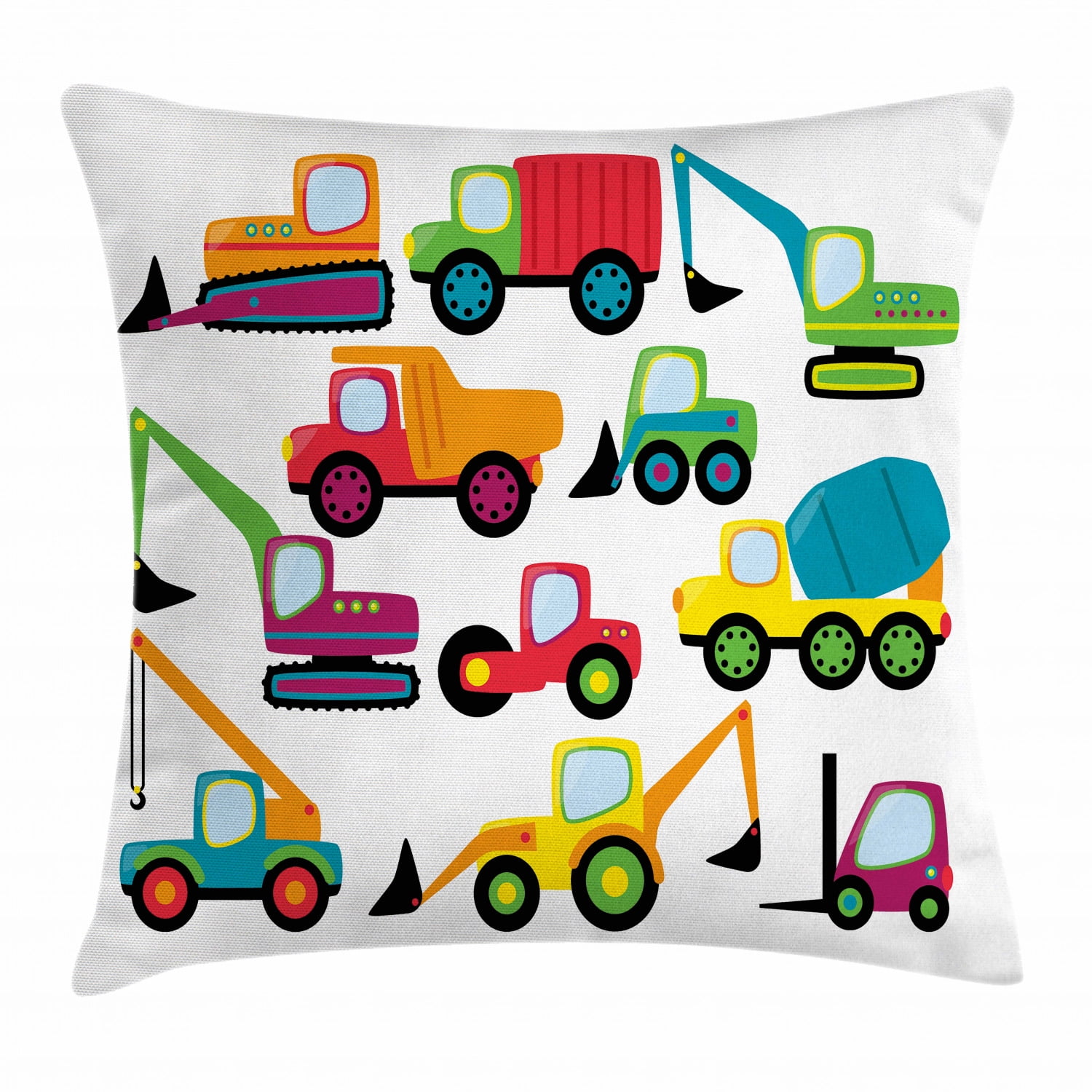 Construction Throw Pillow Cushion Cover, Cute Style Vehicles and Heavy Equipment Forklift