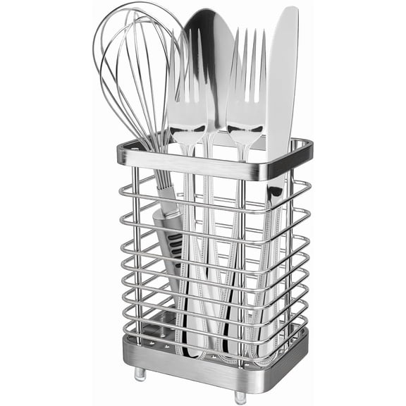 Utensil Holder, Stainless Steel Utensil Drying Rack for Kitchen Counter, Silverware Cutlery Flatware Holder Forks, Knives, Spoons, Chopsticks Organizer (Silver)