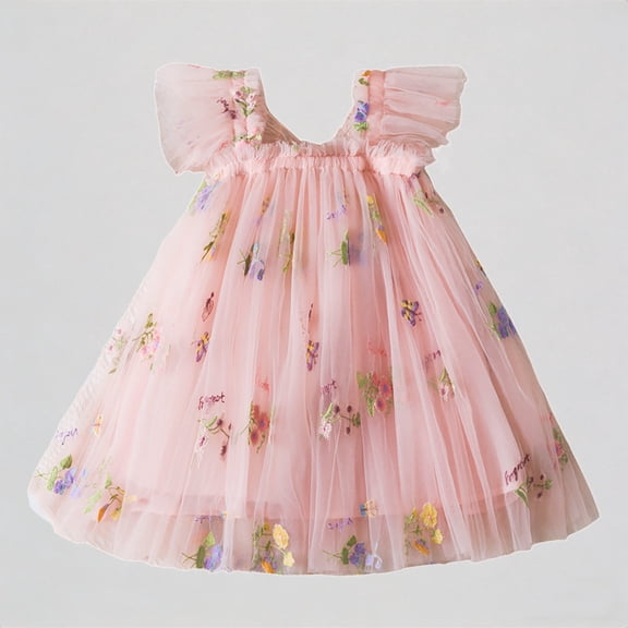 REDARER Toddler Girls' Flutter Sleeve Tulle Dress, Floral Embroidered Princess Dress, Holiday Party Dance for Kids,3-4 Years
