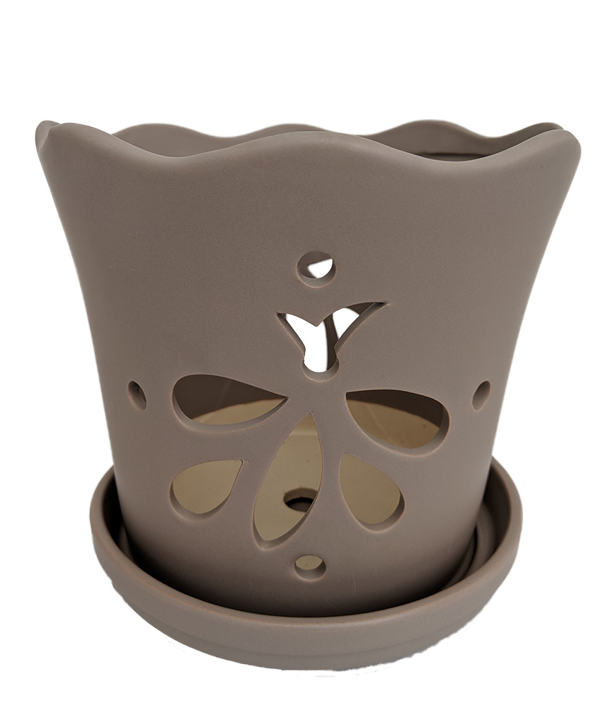 Matte Grey Butterfly Ceramic Orchid Pot with Attached Saucer 5" x 5