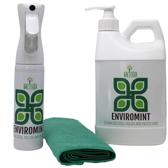 Naeterra Aromatherapy Cleaning Concentrate Enviromint Stainless Steel Cleaner and Polish - 64 fl oz Includes (Empty) Refillable Flairosol Aerosol Free Spray Applicator & Micro-Fiber Towel