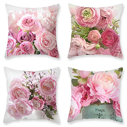 Vevins Shabby chic Throw Pillow covers, Floral Decorative cushion Flower Pillow cases 18 x 18 Inch, Pink Rose Pillow cases for Sofa couch Bench Thanksgiving Day Wedding(4 Pack)