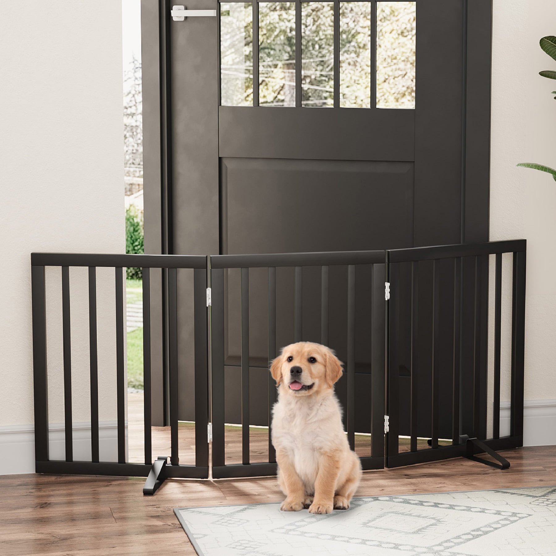 Smuxee Bamboo Freestanding Pet Gate Foldable Dog Gate with Support Feet, Black, 3 Panel