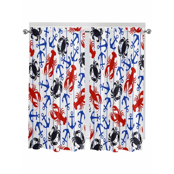 Coastal Crabs Bathroom Window Curtain, Blue Red Nautical Anchor Lobster Marine Life Light Filtering Coffee Kitchen Curtains, Bedroom Living Room Curtains 2 Panel 84"x63"