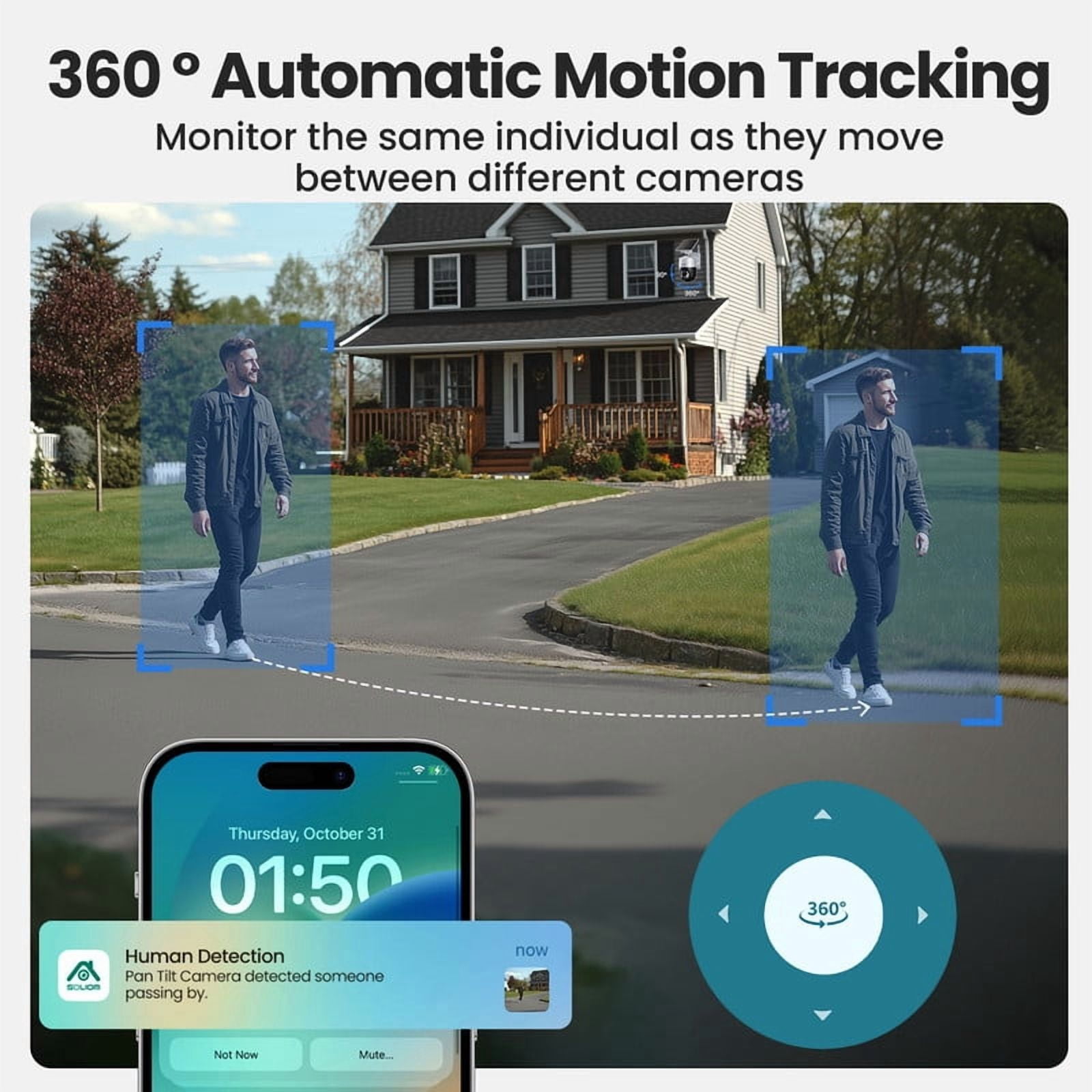 Soliom Wireless Outdoor Solar Security Camera 4-Cam Kit, 360° Auto Tracking with Radar, 5G/2.4G WiFi, 4K UHD Day & Night, No Fee, Home Security