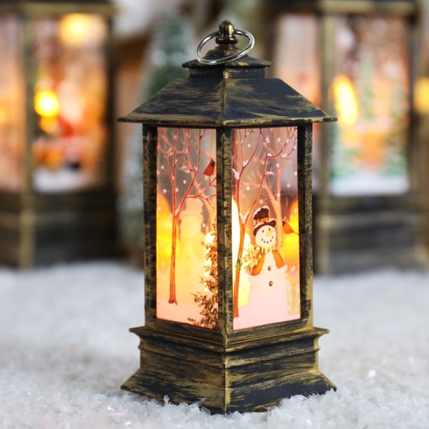 Lámpara portátil Lámpara de viento retro Patrón de impresión navideña Luz de noche para el hogar Decoración de escritorio navideña (Muñeco de nieve de bronce grande) Romacci Lámpara portátil