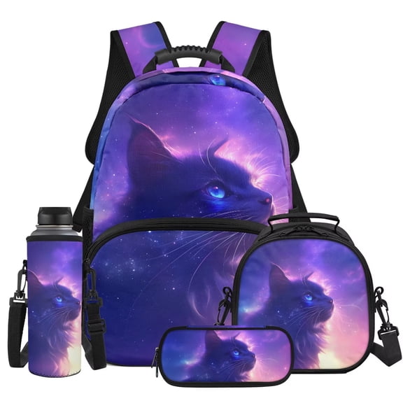 XYZCANDO Black Cat School Backpack Set 4Pcs with Portable Lunch Bag Multifunctional Pencil Case Water Bottle Bag Carrier Suitable for Elementary Middle School