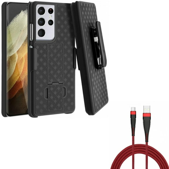 Case Belt Clip w 10ft USB-C Cable for Samsung Galaxy S21 Ultra - Holster Swivel Cover, Type-C Charger Cord Power