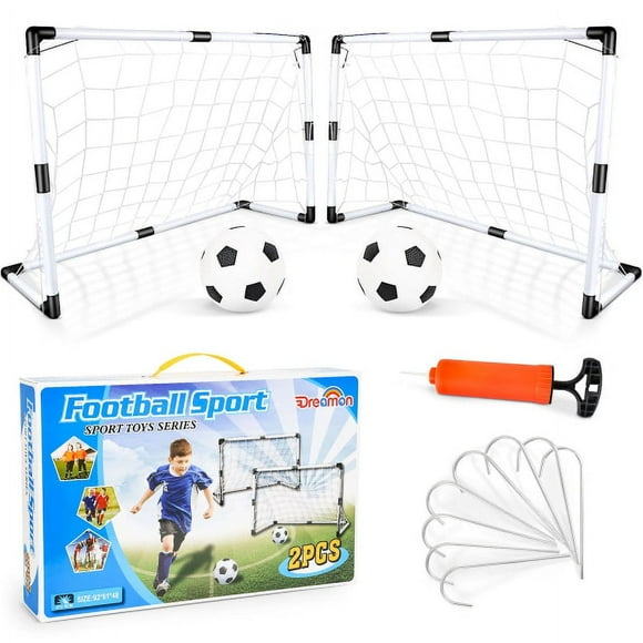 set of 2 football goals with net and ball pump for indoor and outdoor play