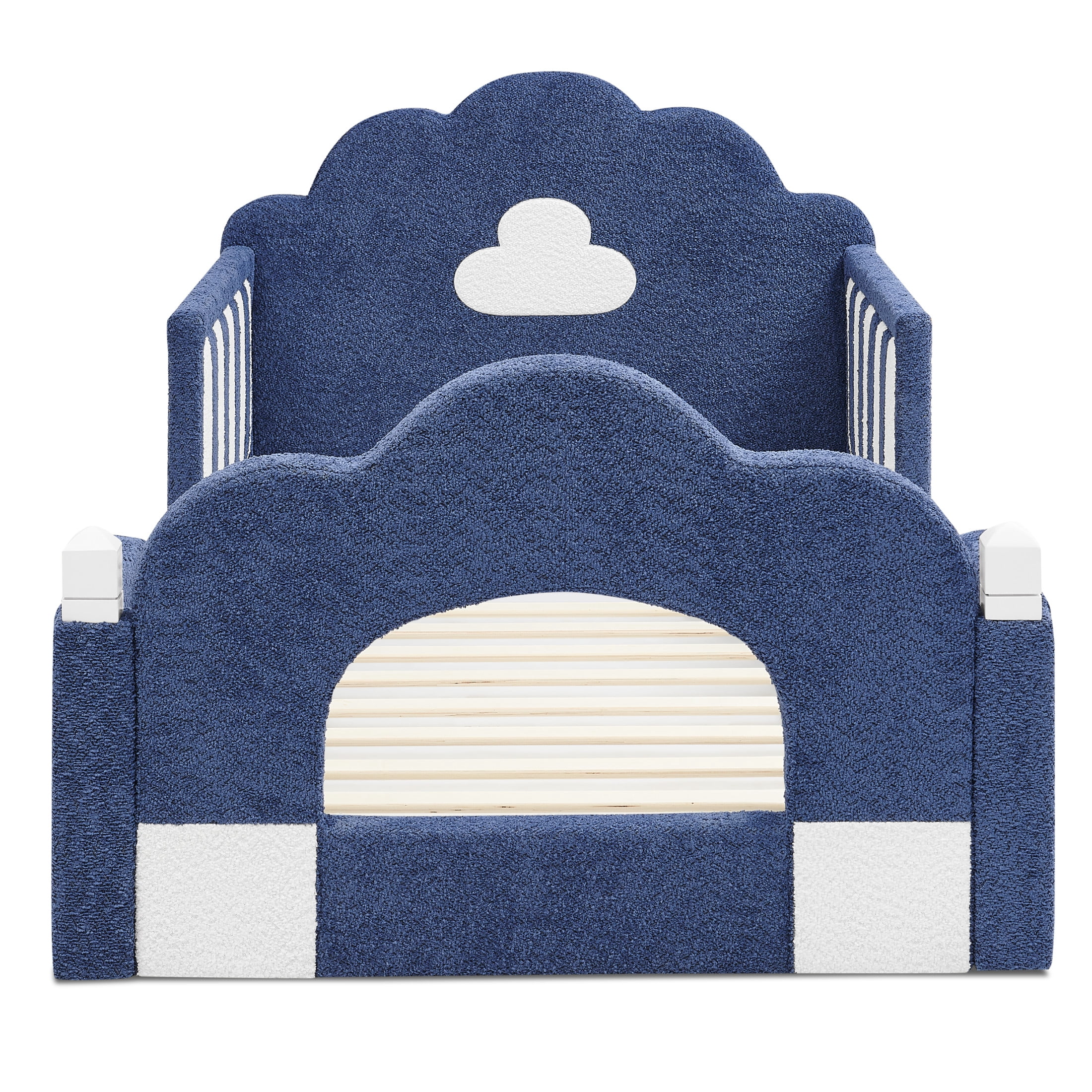 GDF Studio Arvion Twin Size Cloud Bed with Safety Guardrails & Solid Wood Frame, Boucle Fabric Upholstered Bed, Navy