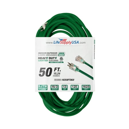 

(2-pack) 50 ft Power Extension Cord Outdoor & Indoor Heavy Duty 16 gauge/3 prong SJTW (Green) Lighted end Extra Durability 13 AMP 125 Volts 1625 Watts ETL listed by LifeSupplyUSA