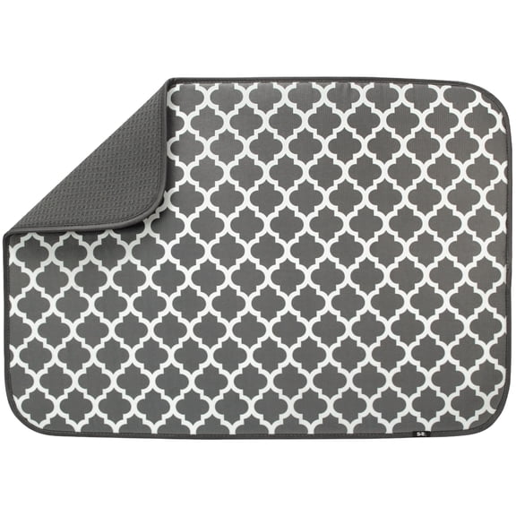 Extra Large Dish Drying Mat 18x24 Inches - Super Absorbent Microfiber Kitchen Counter Protector Pad for Dishes Glasses Pots Pans, Reversible Quick-Dry Non-Slip Surface in Grey Trellis ﻿