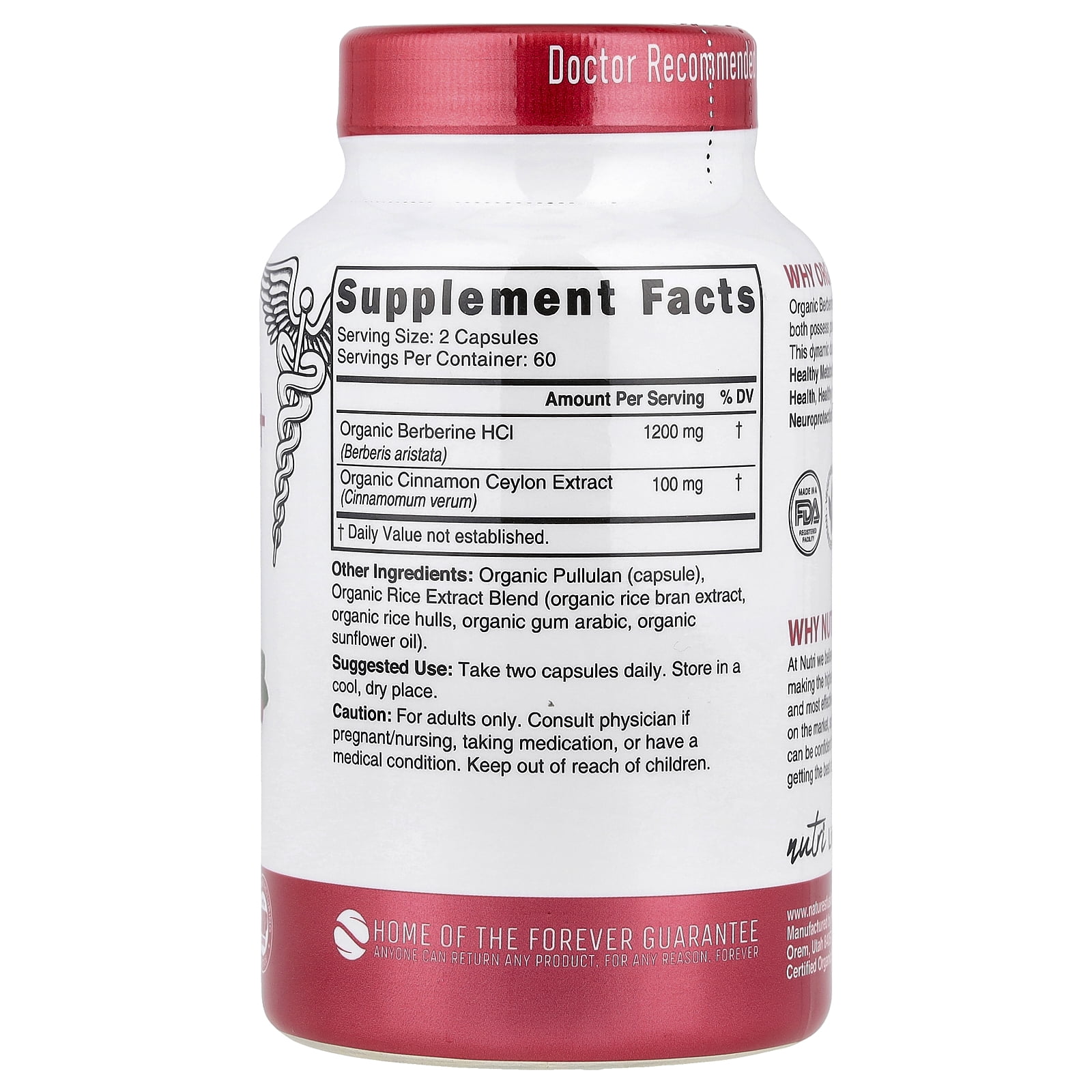 Nutri Organic Berberine+ Ceylon Cinnamon, 120 Organic Capsules
