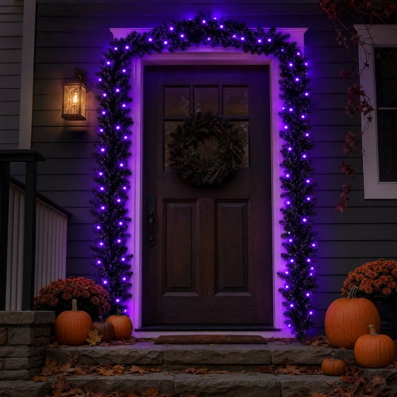 9FT Black Artificial Halloween Garland with Pre-Strung Purple LED Lights, Bendable Spooky Vine Swag,Weatherproof Hanging Decor for Indoor Outdoor Halloween Decor Mantel Door Arch Porch Party Supplies