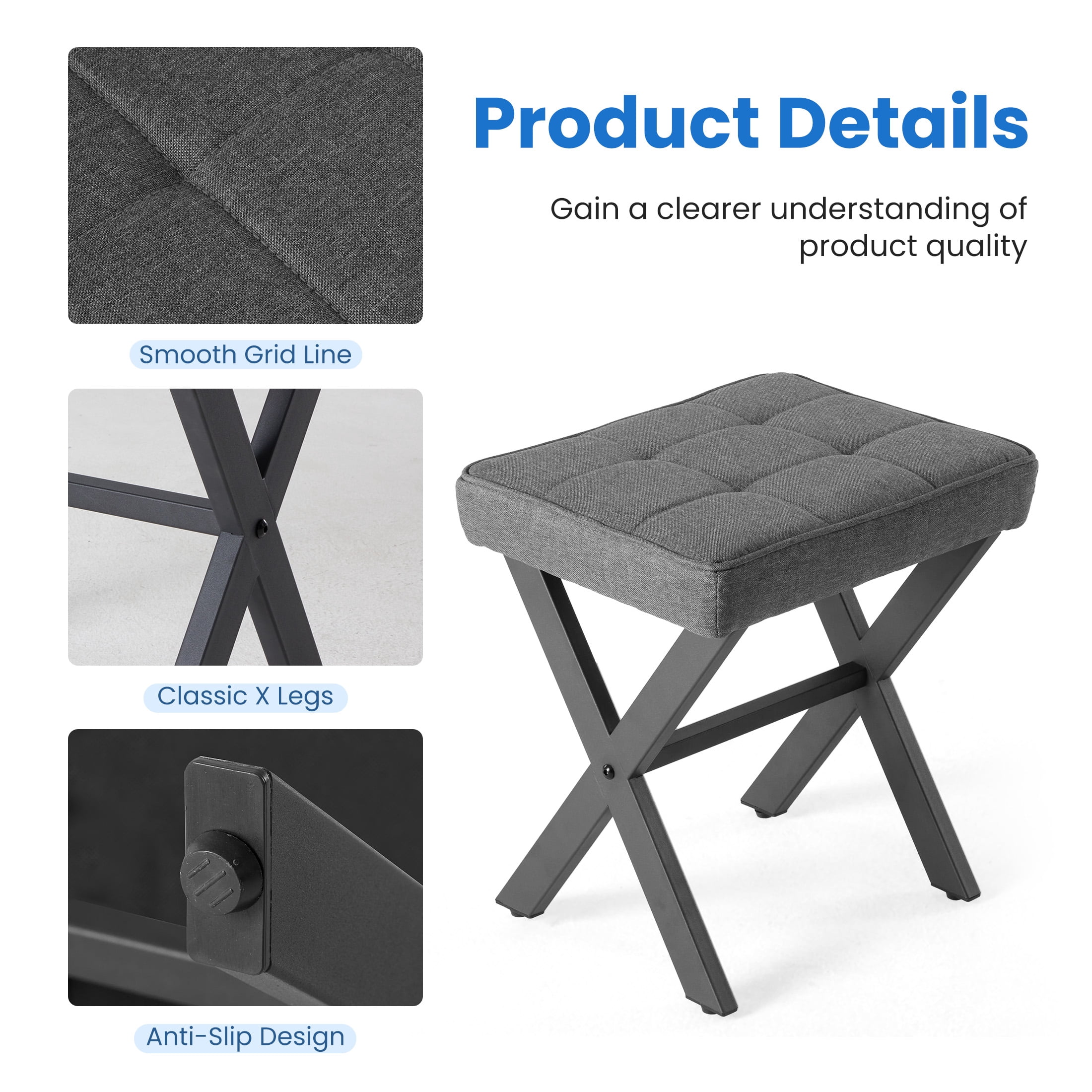 EDX Vanity Stool, Square Linen Makeup Stool with Metal X Legs, Small Ottoman Stool Chair for Vanity, Modern Padded Vanity Seat Foot Rest Stool for Makeup Room, Living Room, Bathroom, Carbon Gray