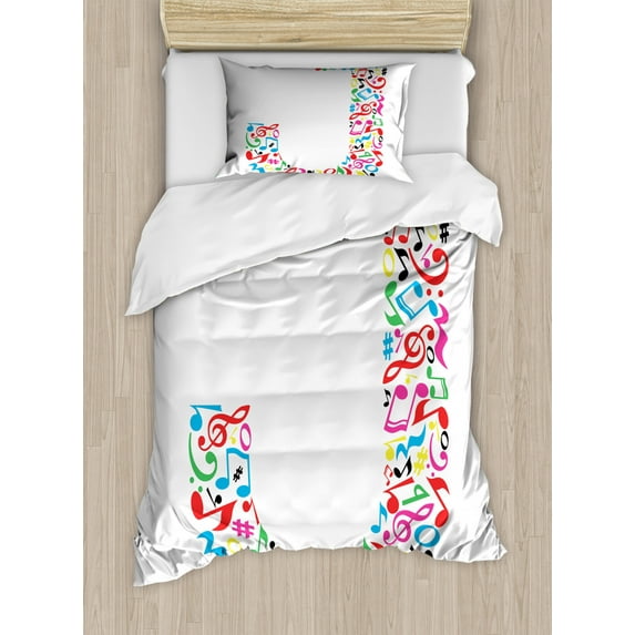 Letter J Duvet Cover Set Twin Size, J Typography in Artful Design Musical Notes Graphic Style ABC Font Language Theme, Decorative 2 Piece Bedding Set with 1 Pillow Sham, Multicolor, by Ambesonne
