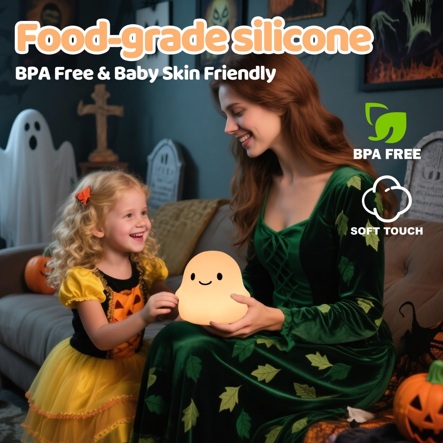 Halloween Ghost Night Light, Color-Changing & 50-Hour Battery, Spooky-Cute Squishy Lamp for Kids, USB Rechargeable with Timer, Halloween Decor & Gifts