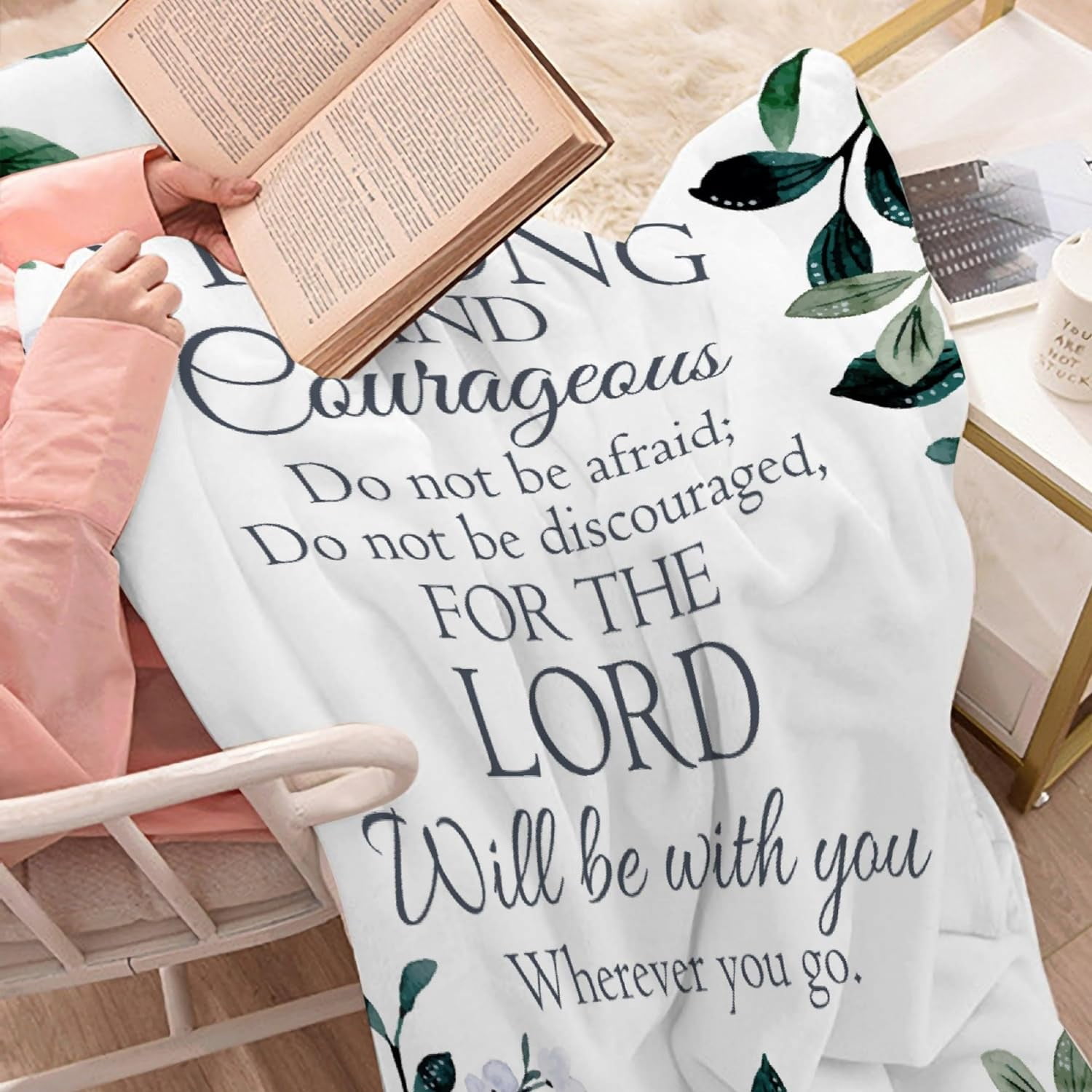Prayer Blanket Throw with Scripture Bible Verse- Be Strong and Courageous Joshua 1:9, Religious Gift for Women Men Christian Spiritual Healing Blanket Home Bed Couch Teen Size 50"x60" Flower
