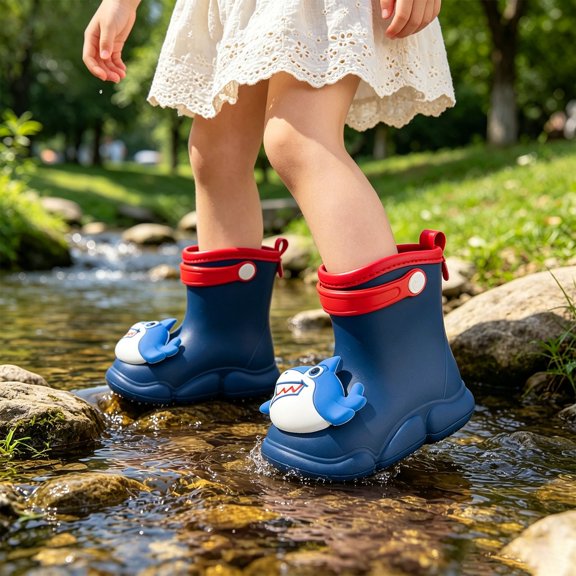 lnmuld Kids Cute Shark 3D Waterproof Rain Boots, Non- Toddler Rain Shoes with Easy Pull Tab Color:Blue,Size:3-3.5 Years