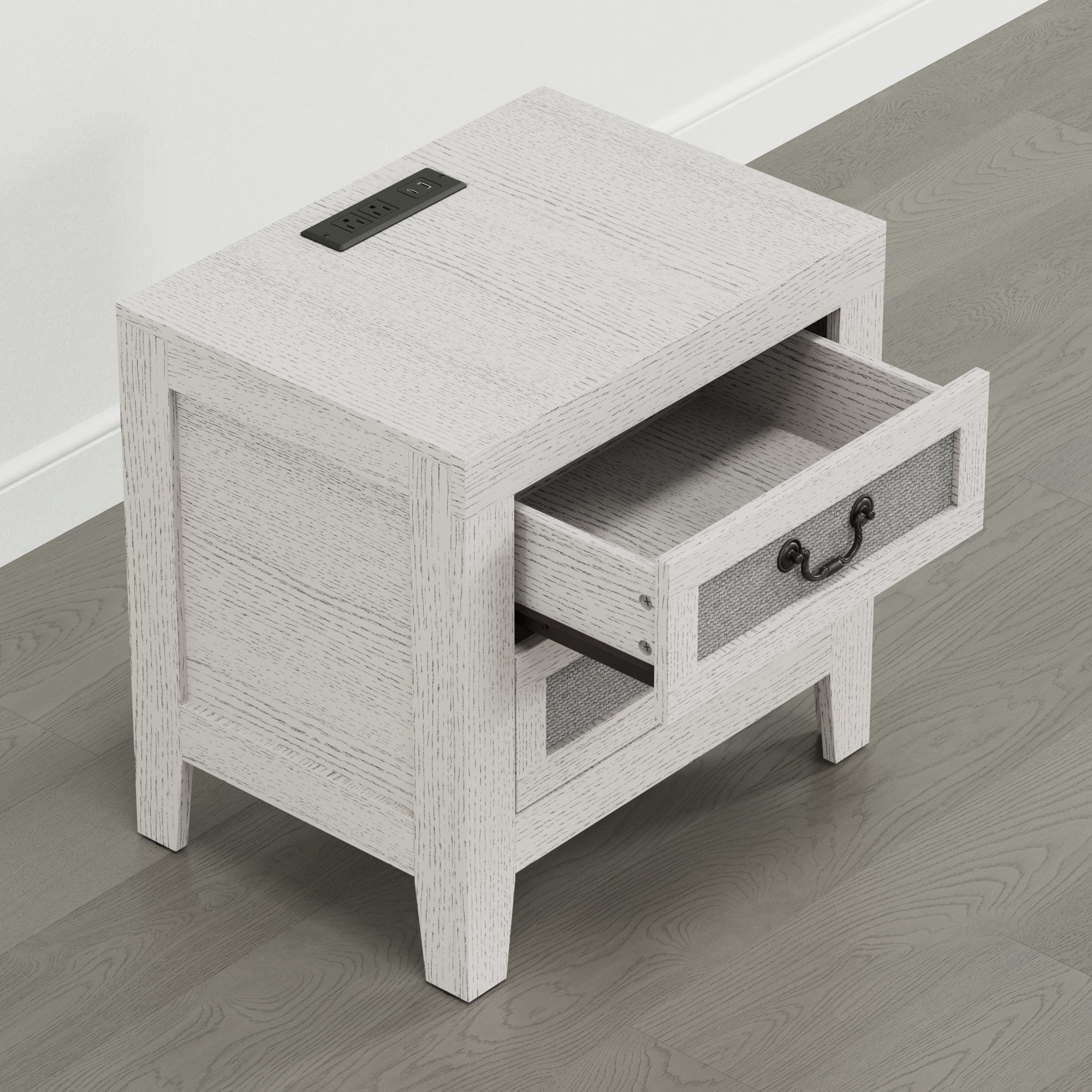 Spruce & Spring Modern Transitional Nightstand, 2-Drawer End Table with Charging Station, Fabric Drawer Front, White Oak Wood Finish