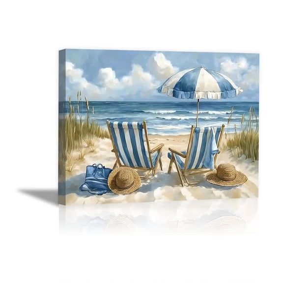 Blue Striped Beach Chair Umbrella Seaside Framed Wrapped Canvas Posters for Kitchen Bathroom Dorm Decor, Ready to Hang12"L x 8"W