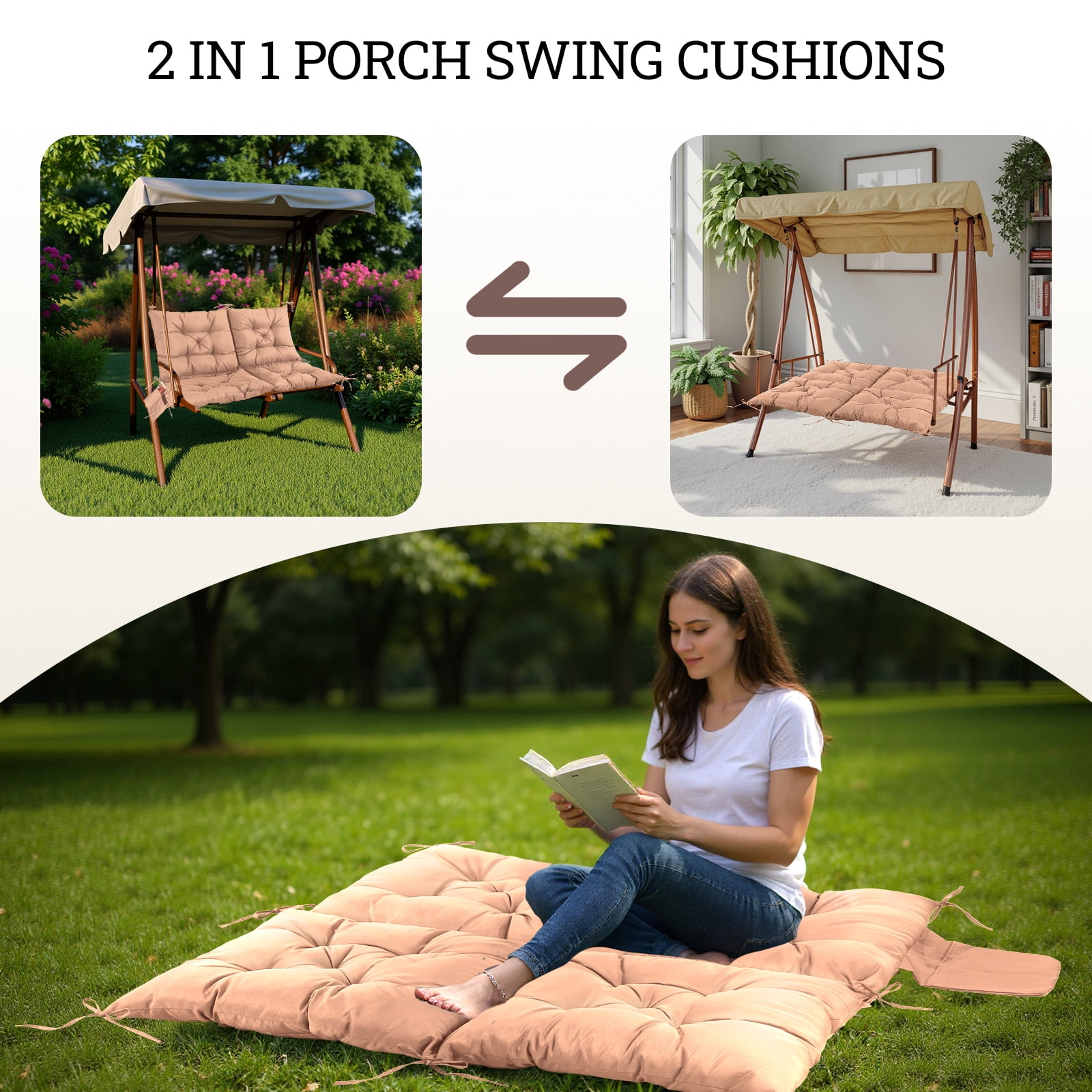 Outdoor Bench Cushion Inlife Swing Chair Cushion Waterproof with 8 Nonslip Ties, Khiki 120cm*100cm