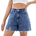 thumbnail image 1 of Pantalones cortos de mezclilla con abertura frontal for mujer, pantalones cortos casuales de verano con flecos y dobladillo crudo de talle alto, 1 of 7
