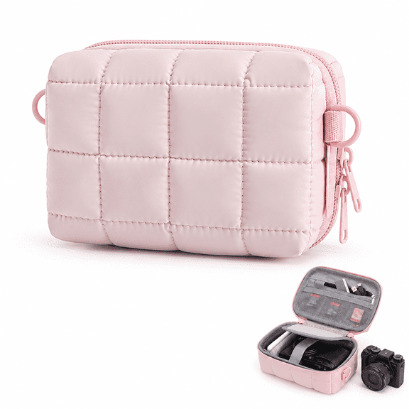 Puffy Waterproof Shock‑Resistant Digital Camera Pouch, Lightweight Flannel‑Lined Carry Case with Front Pocket, Cute Pink for Compact Devices