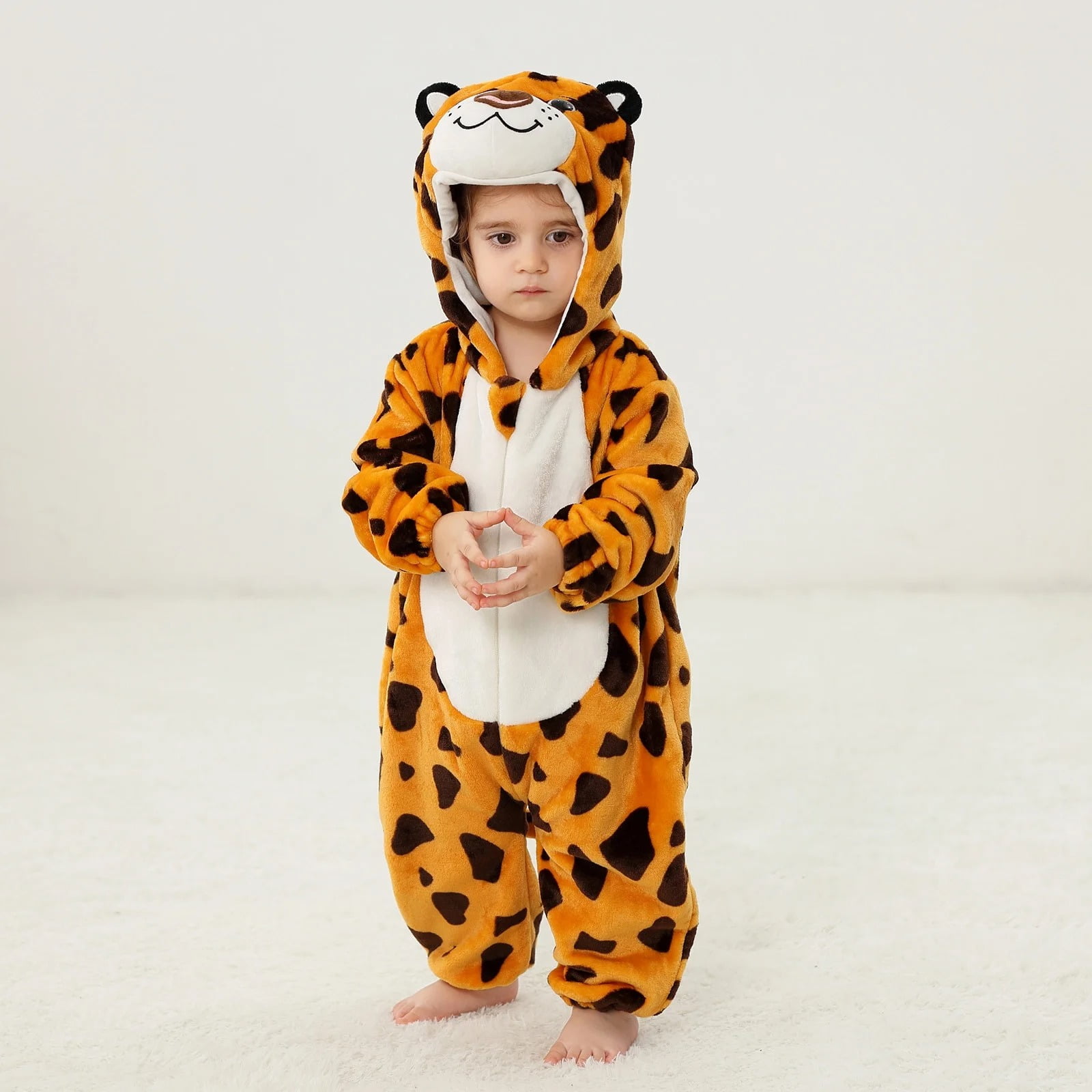 ATAIKU Baby Animal Leopard Onesie Flannel Hooded Romper for Infant Winter Playsuit Jumpsuit for Boys and Girls Toddler Overall Outfit