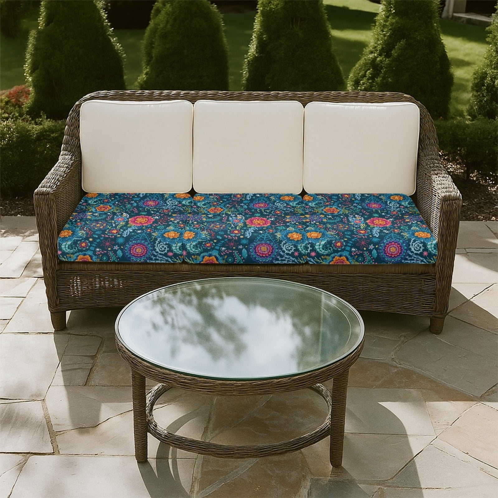COEQINE Sofa Cushion Slipcover 3 Pieces Elastic Couch Cushion Cover Universal Armchair Couch Cover Furniture Protector Chair Slipcover with Elastic Bands, Blue Boho Mandala Floral Paisley Pattern