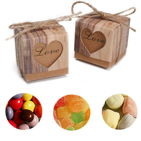 Meigar 50/100pcs Lover Words Wedding Favors Candy Boxes 2x2x2Inch Love Heart Rustic Kraft Gifts Bonbonniere Favor for Vintage Bridal Shower Party Birthday Baby Shower Decoration