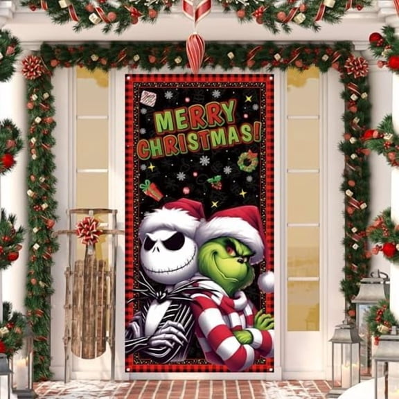 Merry Christmas Door Cover Christmas Photo Backdrop Xmas Winter Holiday Party Decorations and Supplies for Home-71×35''$$