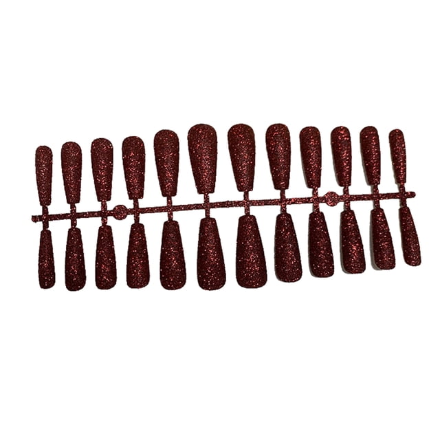 24 Pieces False Nails Glitter Shimmering Powder Full Cover Artificial Tips Simple Operation Fingernail Decal DIY Accessory dark red