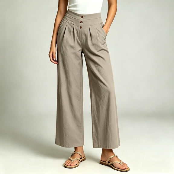 Aimik Women's High Waist Cotton Blend Wide Leg Pants Button Front Casual Trousers with Pleats Breathable Summer Office Wear