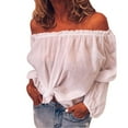 thumbnail image 2 of White Womens Tops Women's Blouse Off Shoulder Casual Sleeve T Shirt Shoulder Tops Size Summer Loose Ruffle Top Going Out Tops for Women, 2 of 6