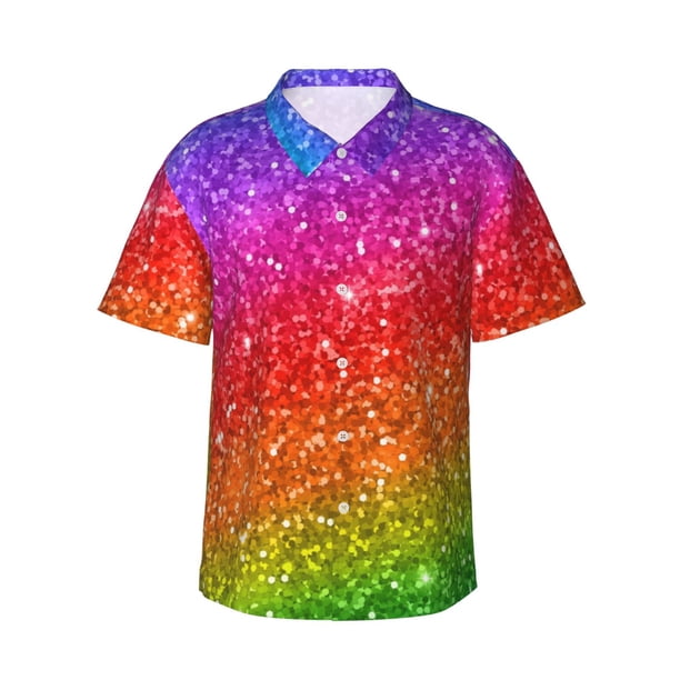 Balery Colorful Glitter Camisas hawaianas de manga corta para hombre, camisas playeras de corte holgado, camisas de vacaciones con botones,Small