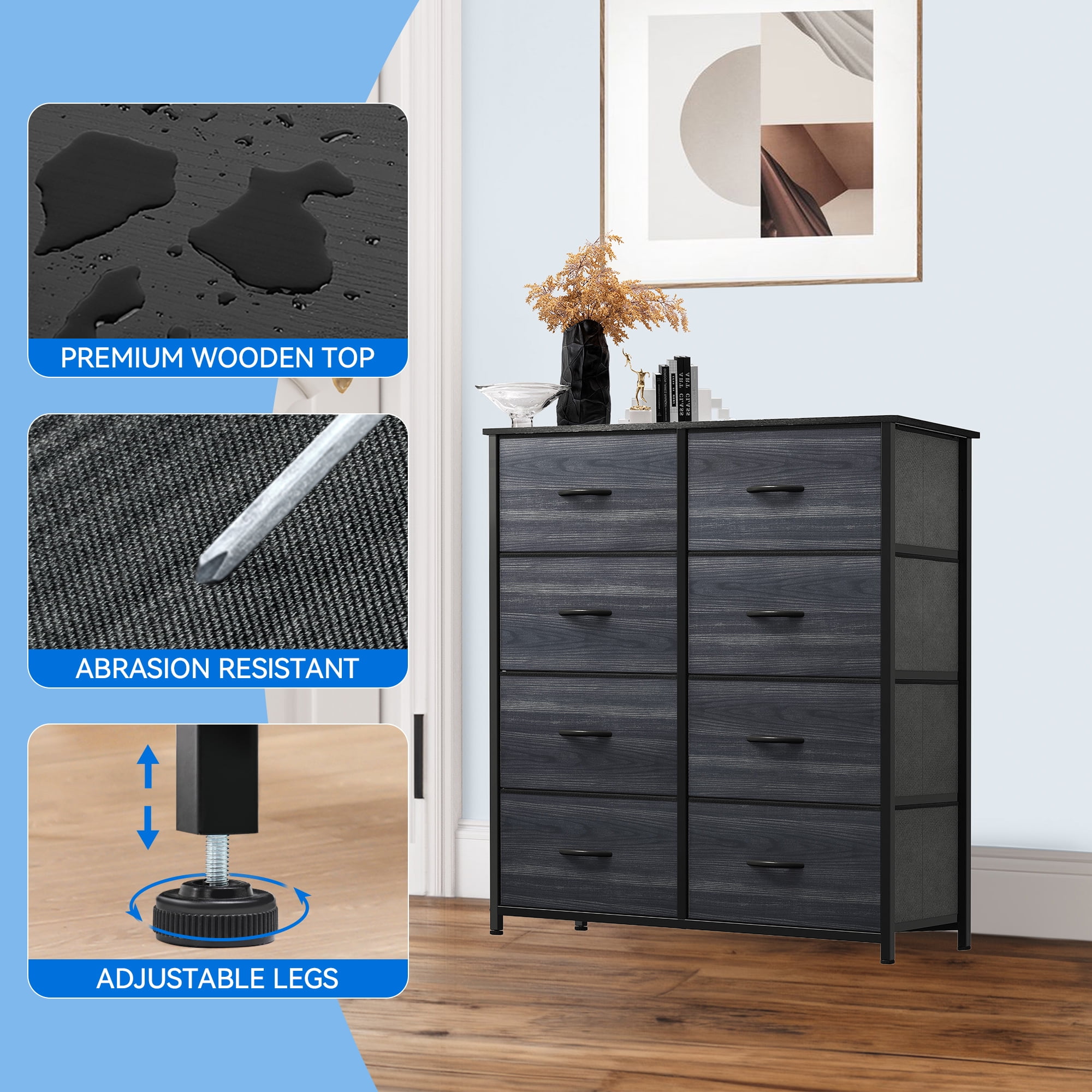 DEXTRUS 8-Drawer Fabric Dresser for Adults, Storage Organizer for Bedroom & Closet, Charcoal Black